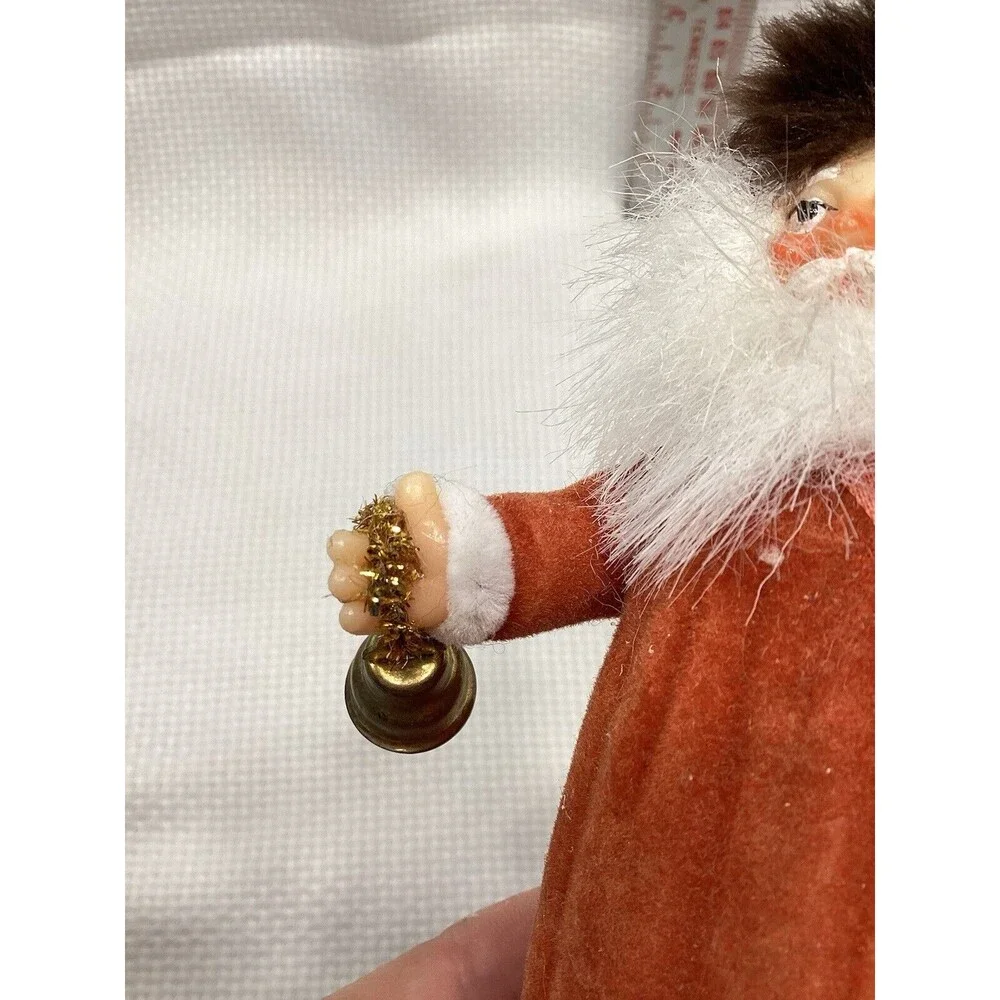Flocked Plastic Old World Santa Christmas Ornament With Fur Hat & Bell 5”
